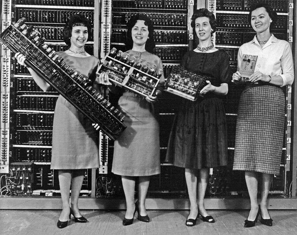 Parts from four early computers, 1962. From left to right: ENIAC board, EDVAC board, ORDVAC board, and BRLESC-I board, showing the trend toward miniaturization.